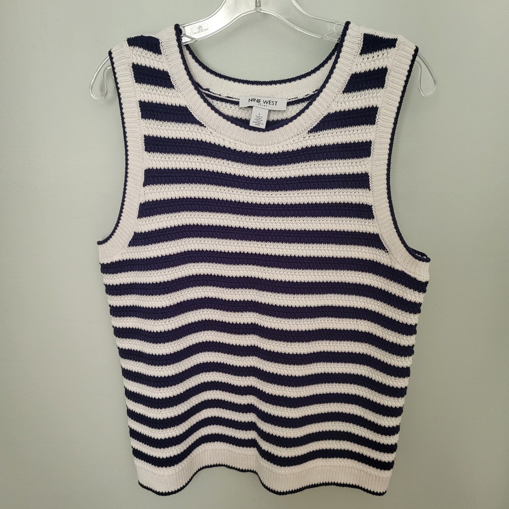 Nine West Women Large Knit Crochet Stripe Blue White Sleeveless Tank Top